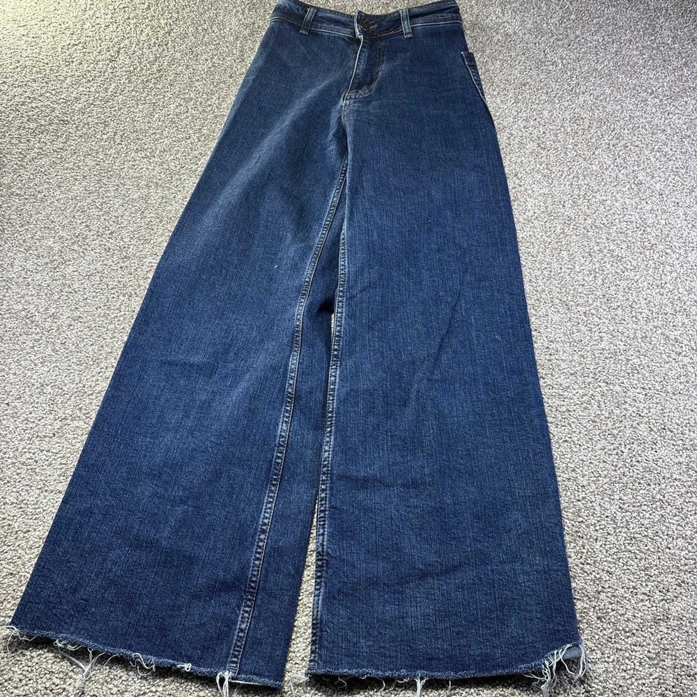 Zara Jeans Womens 0 Blue Medium Wash High Rise Y2K Baggy Wide Leg Raw Hem Denim